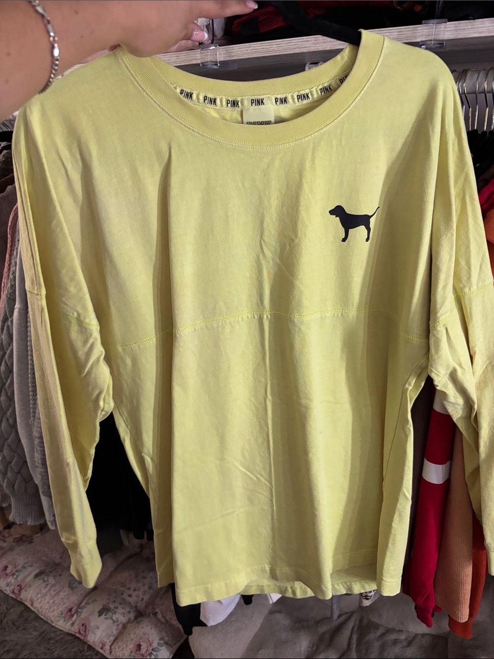 PINK Victoria's Secret Pale Yellow Long-Sleeve Dog Logo Tee
